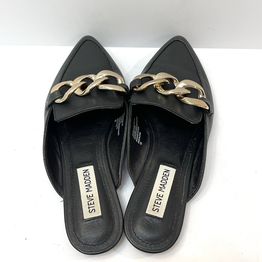Steve Madden Slip On Black Flat Mule With Gold Chain Leather Size 6 - Picture 3 of 7